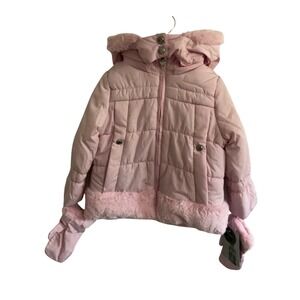 London Fog Kids Pink Puffer Jacket with Faux Fur Trim and Mittens 3T L220762